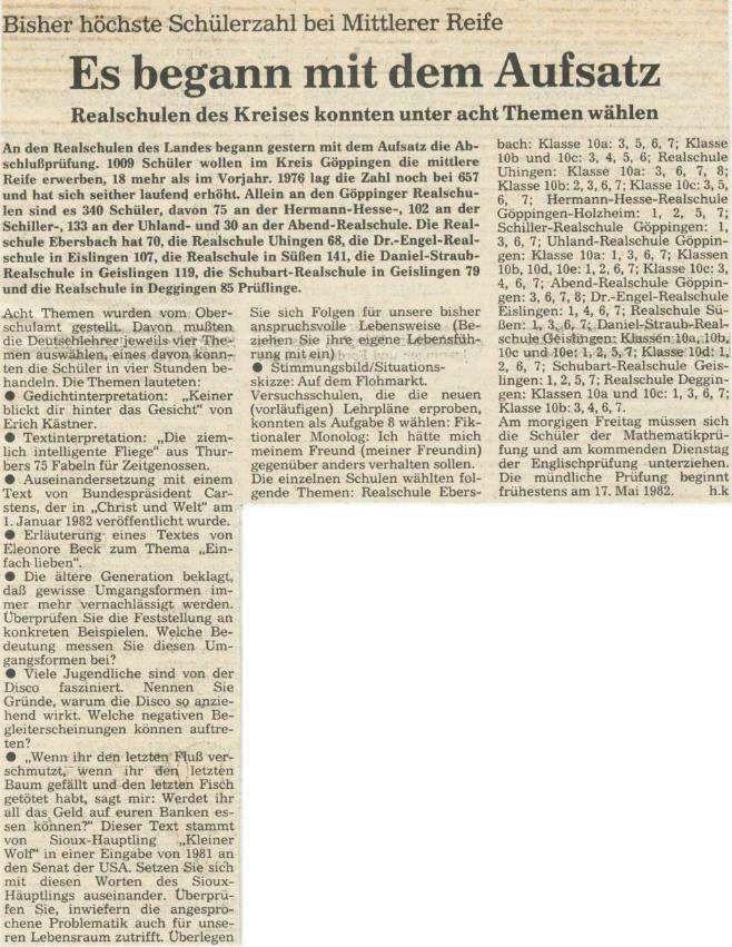 Zeitungsbericht der lokalen Presse (NWZ) Frhjahr 1982